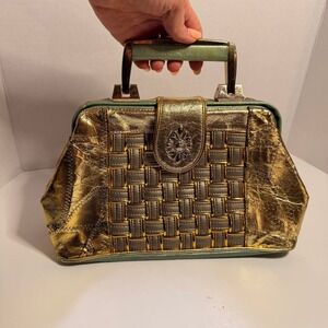Vintage Metallic Gold Woven Lattice Top Handle Doctor Bag Sage Green Trim